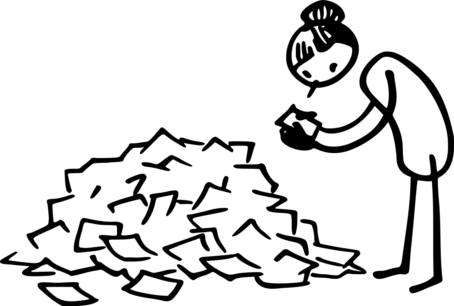 Eine Person vor einem Stapel Papier